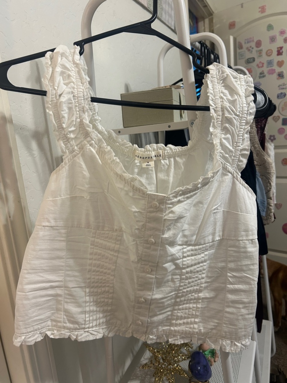 Aeropostale White Ruffle-Trim Button Front Crop Top